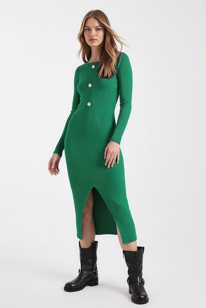Women's Green Wide Neckline Long Sleeve Front Buttoned Bodycon Slit Dress Arm-26K001013