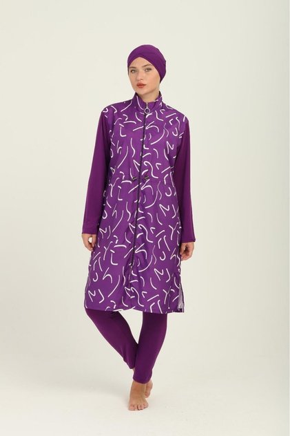 Women's Purple Full-Length Zipper Hijab Swimsuit Adjustable Waist Elastic Fit Burkini Water Repellent Fabric