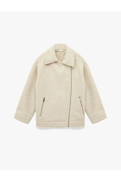 Pocketed Zipper Detailed Short Boucle Beige Women's Jacket 6Wak20198Ew