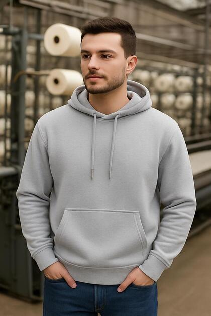 Hooded Unisex Basic Relax Hooded 3-Thread Sweatshirt with Ribbing