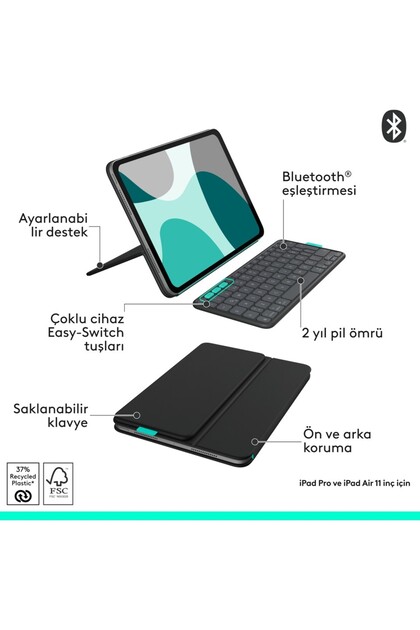logitech Flip Folio iPad Pro 11 inç (M4), iPad Air 11 inç (M2 ve