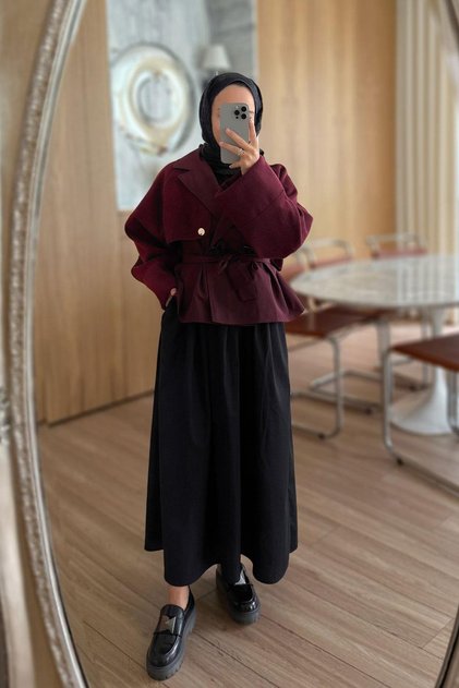 Gold Button Sleeves Cashmere Trench Coat - Burgundy
