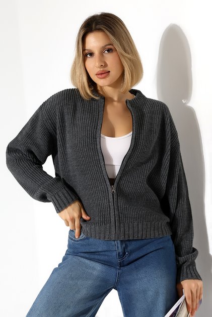 Anthrazitfarbene Strickjacke mit Reißverschluss für Damen