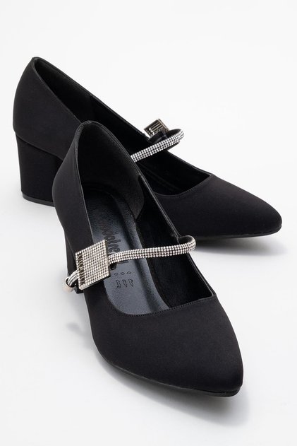 Women's Stone Buckle Heeled Shoes; Black Zra
