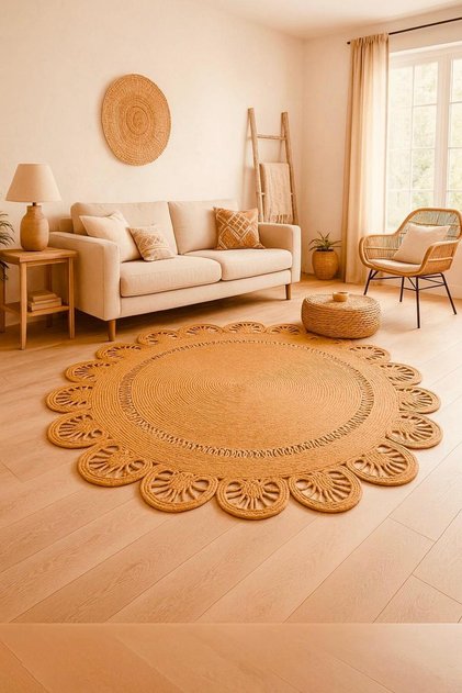 jüt Hasır görünümlü Desenli Modern El Örgüsü daire Halı Kilim