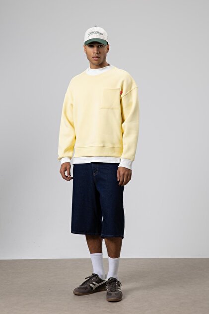 Bisiklet Yaka Cep Detaylı Oversize Sweatshirt Sarı