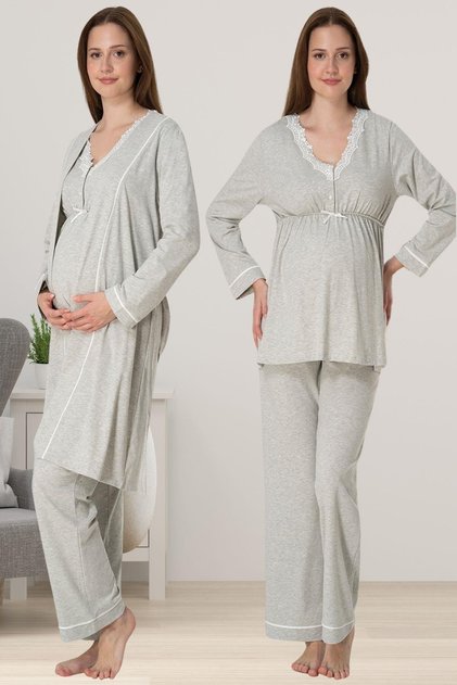Women's Gray Melange Lace Special Design Cotton Combed Cotton Maternity Pajamas Set 3-Piece Set