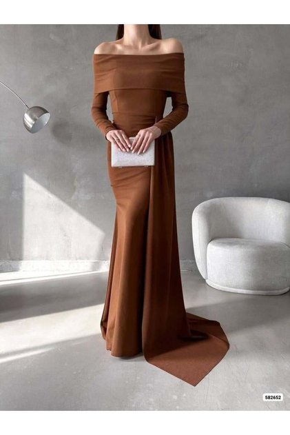 Crepe Stretch Fabric Degaje Collar Tail Detail Evening Dress 582652 Vi̇zon