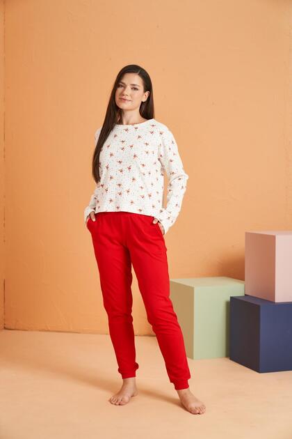 Women's Round Neck Pocket Cuff Leg Long Sleeve Pajama Set 100% Cotton