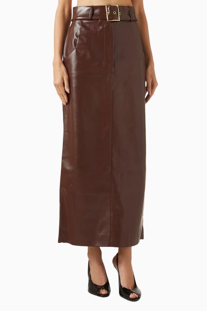 Belted Maxi Skirt, Luxurious Brown Eco Leather Belted Stylish Maxi Skirt