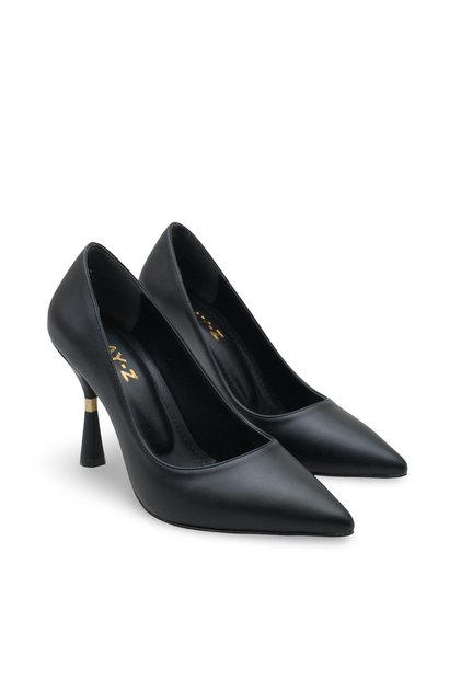 Women's Stiletto Pointed Toe Black Leather Gold Heel Detailed 9 cm Thin Heel Elegant Stylish Heeled Shoes