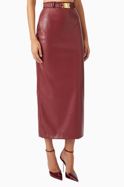 Belted Maxi Skirt, Luxurious Dark Red Eco Leather Skirt with Belt and Slit