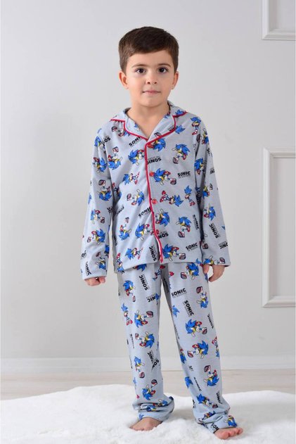 PJKÖ Set de pijamale pentru băieți, gri cu model sonic, cu mâneci lungi, cu nasturi în față, 4-12 ani 501U