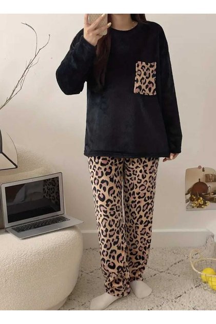 Women's Plush Bottom Top Tracksuit Set, Leopard Print, with Pockets