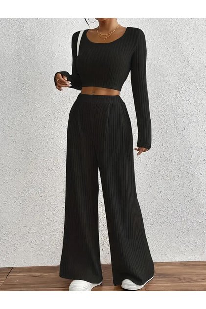 Long Sleeve Crop Blouse and Wide Leg Pants Two Piece Women's Set - Camisole Fabric