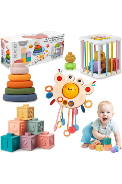 Jucărie educativă Montessori Ælements®, set 4 în 1, interactivă, pentru bebeluși și copii, de la 6 luni,