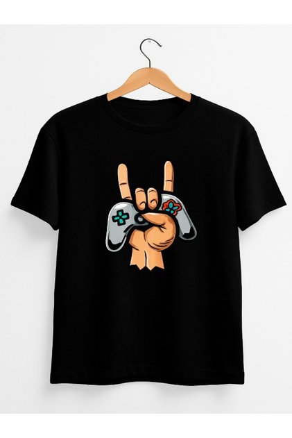 Unisex Oversize Gamer Joystick Printed Cotton Crew Neck Short Sleeve Black T-Shirt
