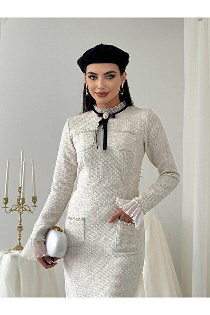 knee length dresses for ladies Dulcie Off-White Tulle Panel Tweed Midi Dress, S / White
