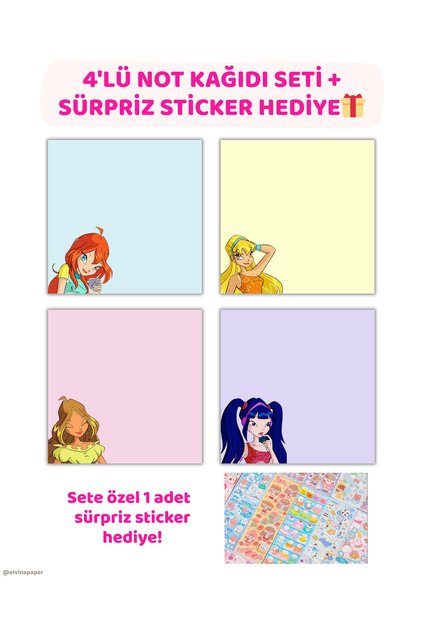 Winxli 4'lü Not Kağıdı Seti + Sticker, 9×9 Boyut, 50 Sayfa, Memopad, To Do List, Planlayıcı, Notepad