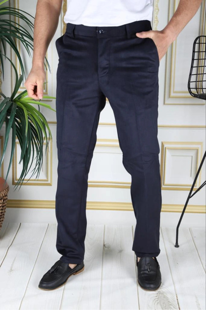 Men's Velvet Trousers Navy Blue Fleece Lined Flexible Thick Wicking Classic Cut Side Pockets Lined