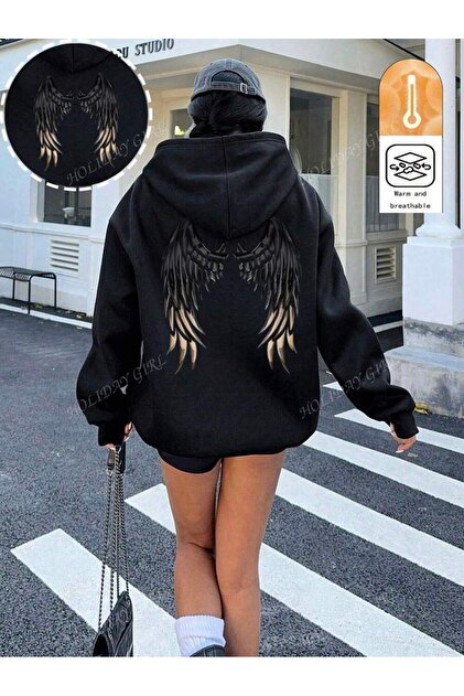 OVER HEAD Kadın Siyah Melek Kanadı Baskılı 3 İplik Hoodie
