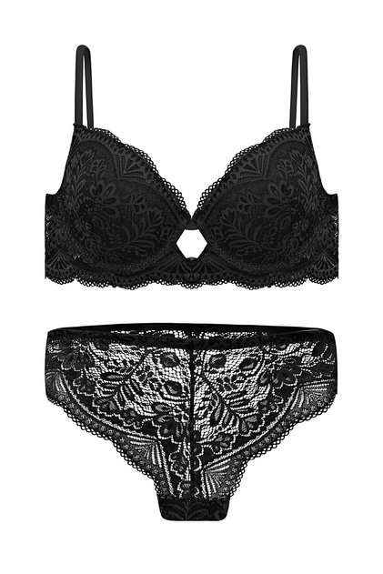 Lace Low-Cut Bra Panty Set Without Padding - 2451 Black