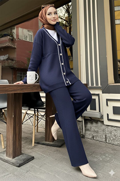 Striped Detailed Knitwear Jacket Set H25302 Navy Blue