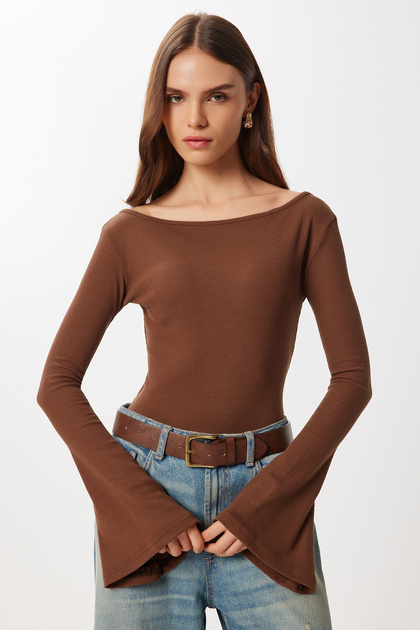 Çan kollu Saran Basic Örme Bluz LEN0040 KAHVERENGİ