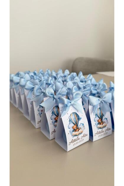 Kişiye Özel İsim Tarih Baskılı Ayıcıklı Balon Temalı Mini Kutu Doğum-Baby Shower Mum Hediyeliği