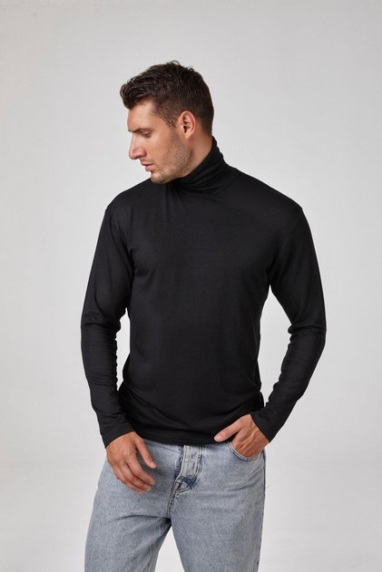 Men's Black Long Sleeve Modal High Neck Basic T-Shirt C1T2N6O1