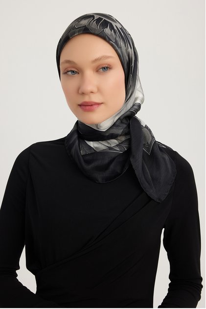 Sunflower - Gray - Aurora Patterned Janjan Scarf - 90X90 cm