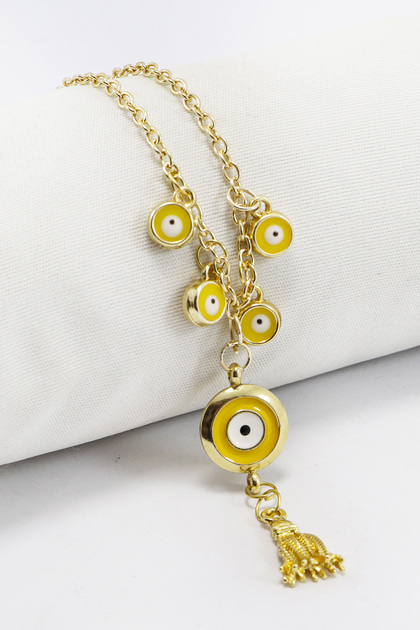 Yellow Cluster Evil Eye Beaded Bijouterie Necklace, Gift Necklace