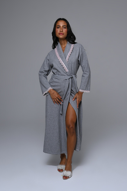 Women's Gray Velvet Shawl Collar Lace Winter Special Design Full Length Dressing Gown