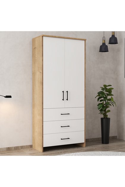 2 Kapaklı 3 Çekmeceli Safir Meşe-Beyaz Gardırop – Modern Kullanışlı Çok Amaçlı Dolap (80x38x182 cm)