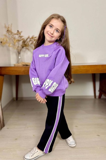 Girl's Lilac Sweat Suit with Girl Lettering Detail on the Sleeves and Chest, and Stripe Detail