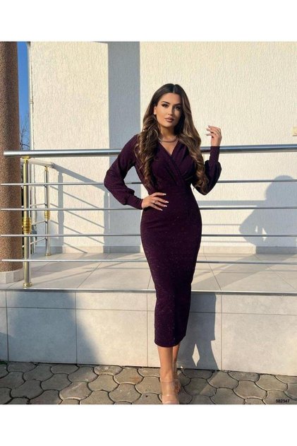 Rochie crep argintie cu decolteu dublu, lungime midi, stil creion 582347 PURPLE