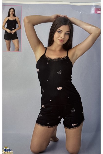 kalp desenli ip askılı şortlu kadın pijama takımı