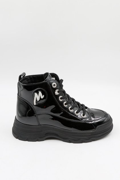 KristeBell İthal Bağcıklı Sneaker Kadın Spor Bot 2009 - Siyah Rugan - 36