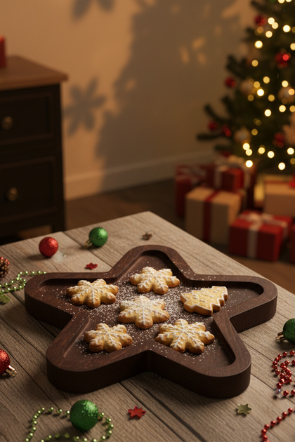Star - Star Patterned Wooden Snack Bowl Christmas Snack Bowl Presentation Plate