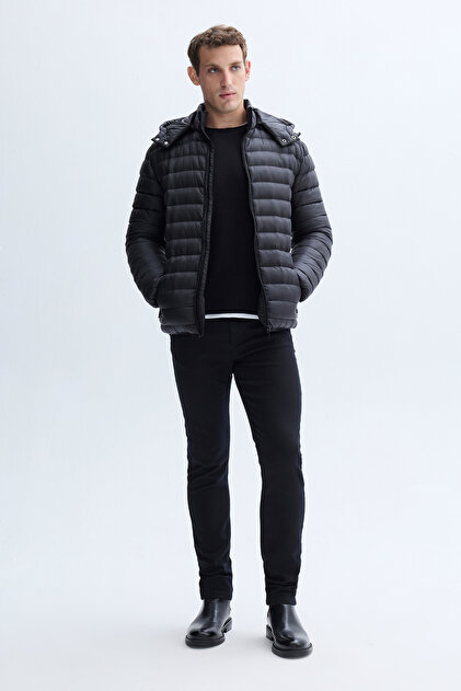Men's Navy Blue Quilted Hooded Puffer Coat