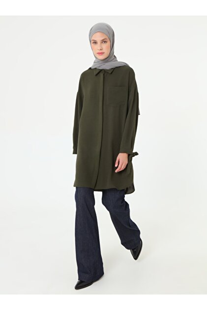 Tunic with Cuff Tie Detail and Pockets - Khaki -