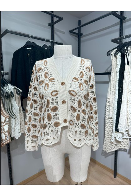 Women's Crochet Look Openwork Buttoned Cardigan
