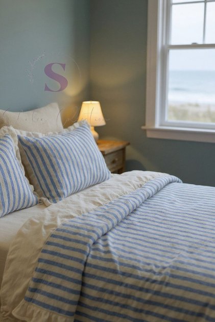 BLUE-BEIGE 100% Cotton Ruffled Yarn-Dyed Double Duvet Cover Set, Modern Striped Duvet Cover Set