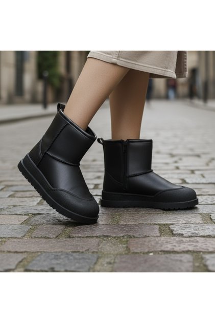 unisex çocuk içi komple kürklü , fermuarlı deri bot , kaymaz taban , su geçirmez bot