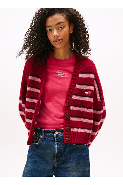 Tommy Jeans Standart Çizgili Kırmızı Kazak Kadın DW0DW21678XJP