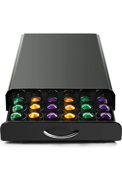 Suport 50 capsule de cafea, Bukate, 41x26.5x7.3, Compatibil cu Nespresso, Tchibo, etc, Negru, Metal