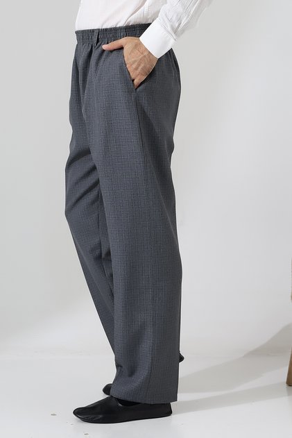 Men's Graf Checkered Fabric Shalwar Trousers with Elastic Waist and Pockets - Gray (Isr)