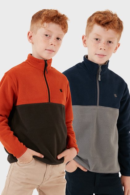 Yumuşak Dokulu Yarım Fermuarlı Renk Bloklu Dik Yaka 2'li Paket Polar Çocuk POLAR
