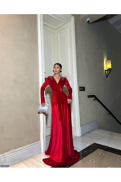 Rochie de seară din catifea elastică, cu aplicații de pietre, decolteu în V și despicătură înaltă, roșu, 583086