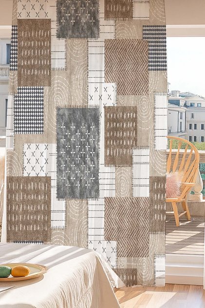 Kahverengi Geometrik Retro Desenli Dijital Baskı Tül Perde Salon Mutfak Yatak Odası 140x260cm